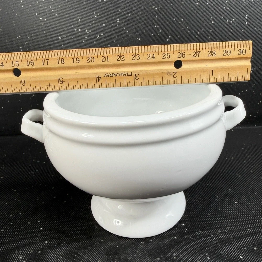 Crate & Barrel White Porcelain Footed Soup Bowls Dishes with Handles Set of 2